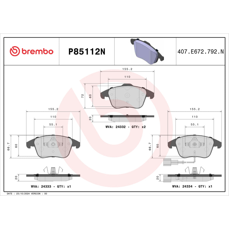 Brembo OE P85109N - BREP85109N - Brembo 2015 Volkswagen Tiguan/CC/Passat/ Audi Q3 Quattro Rear NAO Brake Pad - Shipped in Europe - Tuningsupply.com