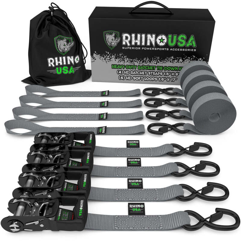 Rhino USA HDKIT-4PK-GRY - RSAHDKIT-4PK-GRY - Rhino USA Heavy Duty Ratchet Tie-Down 4-Pack (Gray) 1.6In X 8Ft - Shipped in Europe - Tuningsupply.com