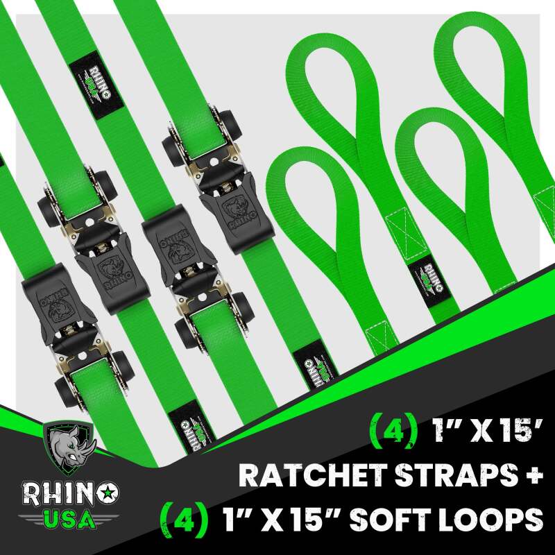 Rhino USA RCHT-4PACK-GRN - RSARCHT-4PACK-GRN - Rhino USA Medium Duty Ratchet Strap Tie-Down 4-Pack (Green) - Shipped in Europe - Tuningsupply.com