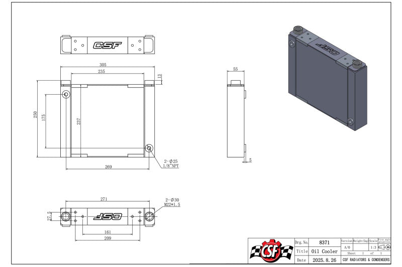 CSF 8371 - CSF8371 - CSF Universal Large Single-Pass Oil Cooler - M22 x 1.5 - 12in L x 9.33in H x 2.16in W - Shipped in Europe - Tuningsupply.com