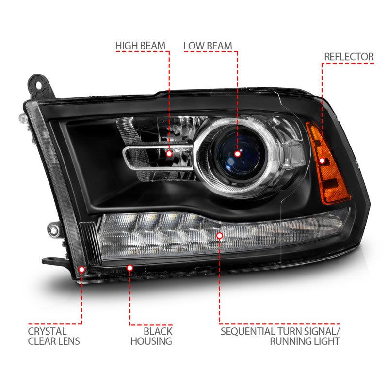 ANZO 111609 - ANZ111609 - ANZO 09-18 Dodge Ram 1500/2500/3500 LED Plank Style Headlights Switchback + Sequential - Matte Black - Shipped in Europe - Tuningsupply.com