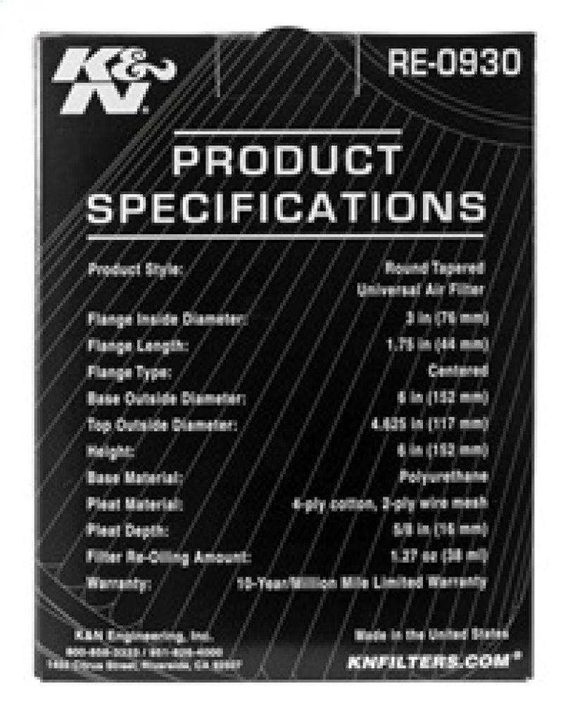 K&N Engineering RE-0930 - KNNRE-0930 - K&N Universal Rubber Filter - Round Tapered 6in Base OD x 3in Flange ID x 6in H - Shipped in Europe - Tuningsupply.com