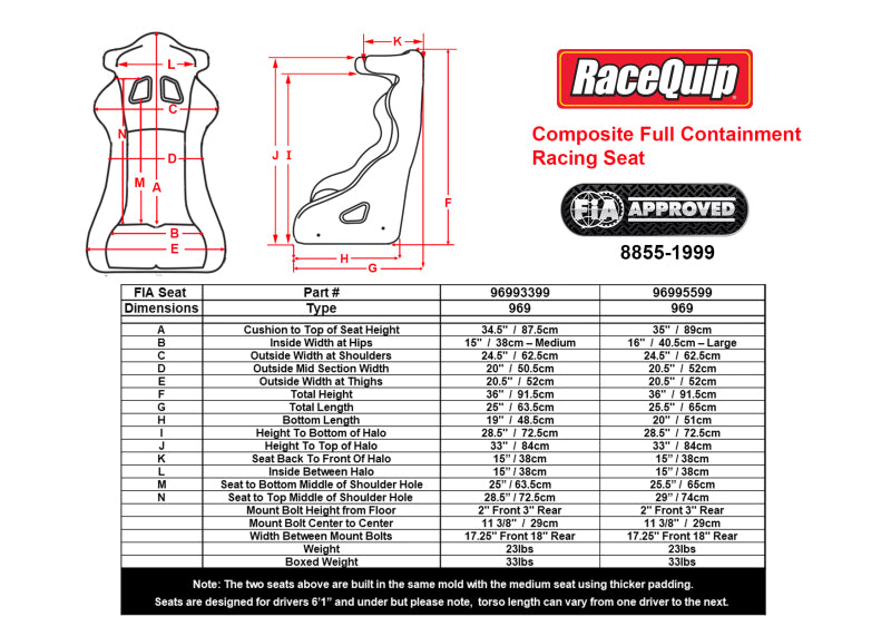 Racequip 96993399RQP - RQP96993399RQP - RaceQuip FIA Containment Racing Seat - Medium - Shipped in Europe - Tuningsupply.com