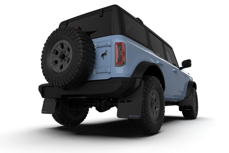 Rally Armor MF85-RR-PL-MBK - RALMF85-RR-PL-MBK - Rally Armor 21-25 Ford Bronco (Plstc Bmpr + RR - NO Rptr/Sprt) Blk Mud Flap w/Met. Blk Logo - Shipped in Europe - Tuningsupply.com