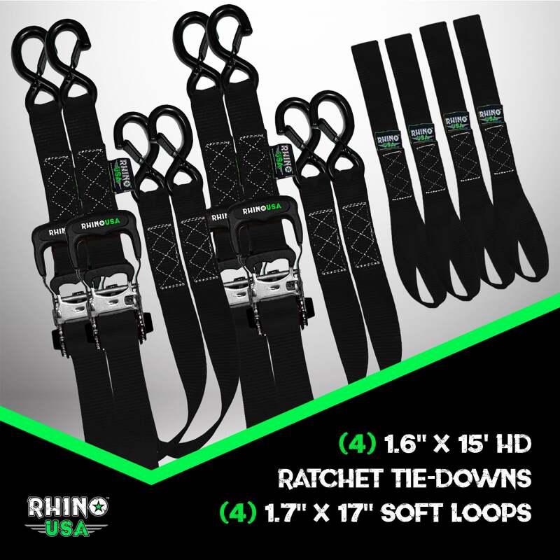 Rhino USA TD-GC1.6X15-BLK - RSATD-GC1.6X15-BLK - Rhino USA Heavy Duty Ratchet Tie-Down 4-Pack Black 1.6In X 15Ft - Shipped in Europe - Tuningsupply.com