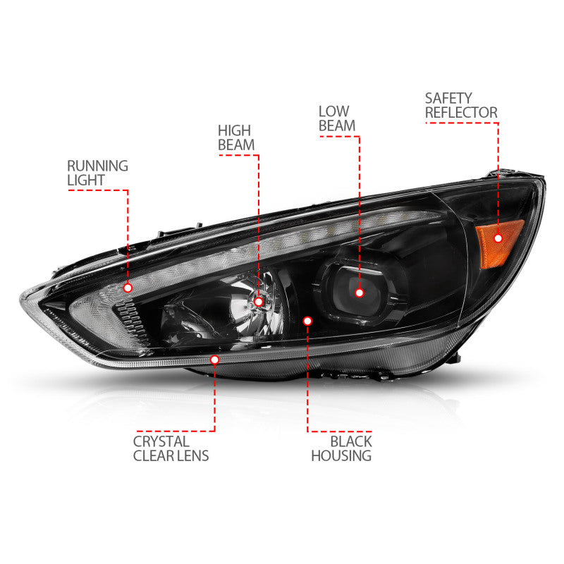 ANZO 121564 - ANZ121564 - ANZO 15-18 Ford Focus Projector Headlights - w/ Light Bar Switchback Black Housing - Shipped in Europe - Tuningsupply.com