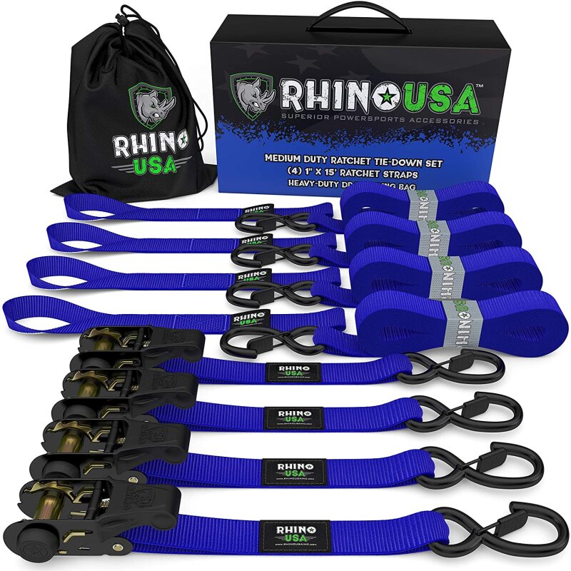 Rhino USA RCHT-4PACK-BLU - RSARCHT-4PACK-BLU - Rhino USA Medium Duty Ratchet Strap Tie-Down 4-Pack (Blue) - Shipped in Europe - Tuningsupply.com