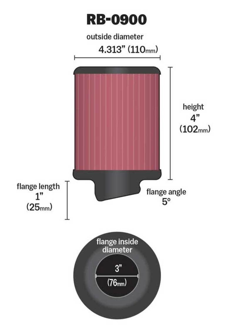 K&N Engineering RB-0900 - KNNRB-0900 - K&N Universal Rubber Filter 3 inch 5 Degree FLG 4 1/2 inch OD 4 inch Height - Shipped in Europe - Tuningsupply.com