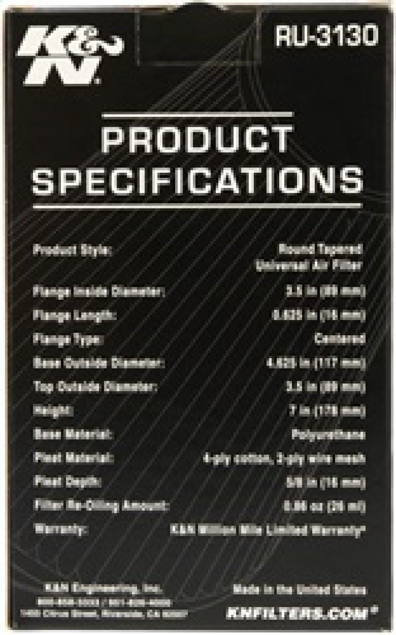 K&N Engineering RU-3130 - KNNRU-3130 - K&N Filter Universal Rubber Filter 3 1/2 inch Flange 4 5/8 inch Base 3 1/2 inch Top 7 inch Height - Shipped in Europe - Tuningsupply.com