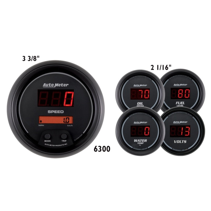 AutoMeter 6300 - ATM6300 - AutoMeter Gauge Kit 5 Pc. 3-3/8in. & 2-1/16in. Elec Speedo Digital Black Dial W/ Red Led - Shipped in Europe - Tuningsupply.com