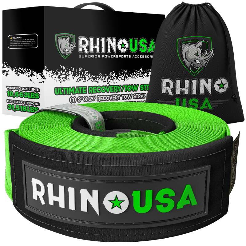 Rhino USA RG-TS3X20-GRN - RSARG-TS3X20-GRN - Rhino USA Recovery Tow Strap 3Inx20Ft (Green) - Shipped in Europe - Tuningsupply.com