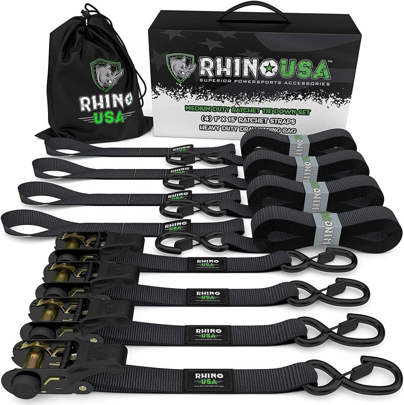 Rhino USA GMG-R1-4PACK - RSAGMG-R1-4PACK - Rhino USA Medium Duty Ratchet Strap Tie-Down 4-Pack (Black) - Shipped in Europe - Tuningsupply.com