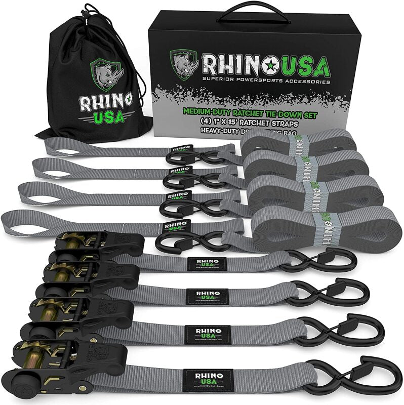Rhino USA RCHT-4PACK-GRY - RSARCHT-4PACK-GRY - Rhino USA Medium Duty Ratchet Strap Tie-Down 4-Pack (Gray) - Shipped in Europe - Tuningsupply.com