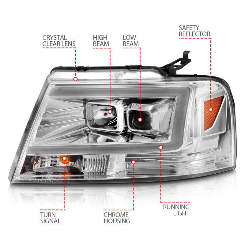 ANZO 111542 - ANZ111542 - ANZO 2004-2008 Ford F-150 Projector Headlights w/ Light Bar Chrome Housing - Shipped in Europe - Tuningsupply.com