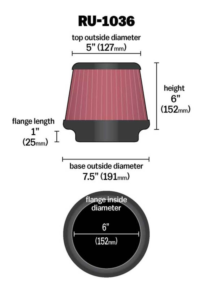 K&N Engineering RU-1036 - KNNRU-1036 - K&N Universal Clamp-On Air Filter 6in FLG / 7-1/2in B / 5in T / 6in H - Shipped in Europe - Tuningsupply.com