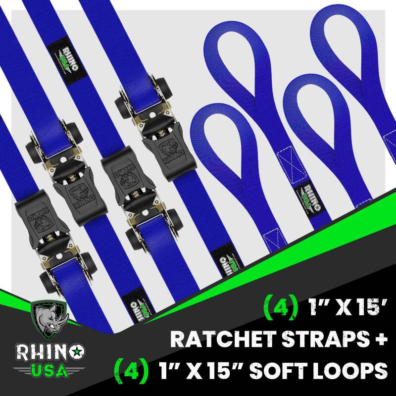 Rhino USA RCHT-4PACK-BLU - RSARCHT-4PACK-BLU - Rhino USA Medium Duty Ratchet Strap Tie-Down 4-Pack (Blue) - Shipped in Europe - Tuningsupply.com