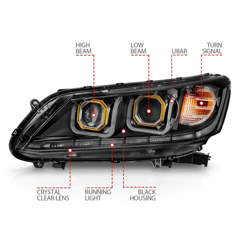 ANZO - ANZ121492 - ANZO 2013-2015 Honda Accord (4dr ONLY) Projector Headlights w/ U-Bar Black - Shipped in Europe - Tuningsupply.com