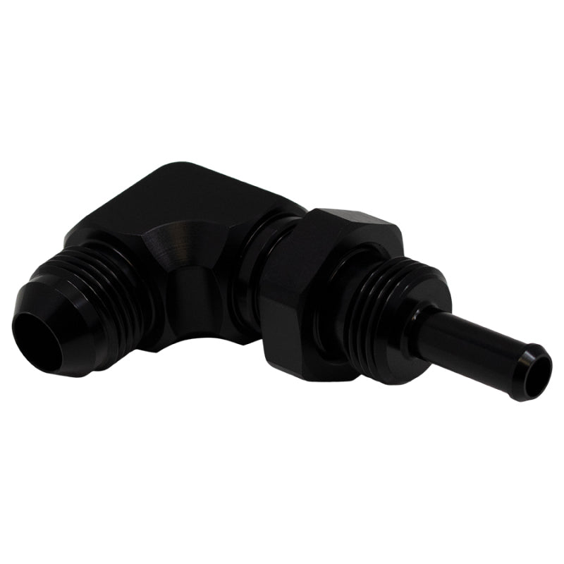 DeatschWerks 6-02-0713-B - DWK6-02-0713-B - DeatschWerks 8AN Male Flare to 5/16in Male Barb Bulkhead Adapter 90-Degree - Anodized Matte Black - Shipped in Europe - Tuningsupply.com