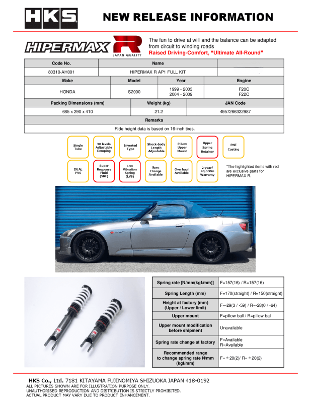 HKS 80310-AH001 - HKS80310-AH001 - HKS Hipermax R AP1/AP2 - Shipped in Europe - Tuningsupply.com