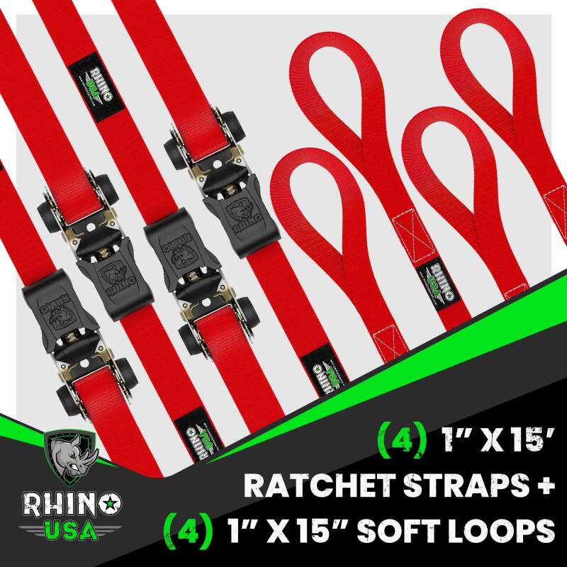 Rhino USA RCHT-4PACK-RED - RSARCHT-4PACK-RED - Rhino USA Medium Duty Ratchet Strap Tie-Down 4-Pack (Red) - Shipped in Europe - Tuningsupply.com