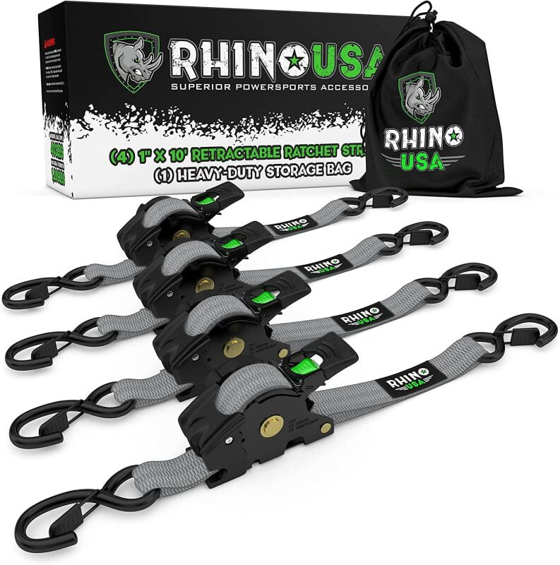 Rhino USA TD-RSRE1X10-GRY - RSATD-RSRE1X10-GRY - Rhino USA Retractable Ratchet Straps (4Pk 1Inx10Ft) (Gray) - Shipped in Europe - Tuningsupply.com