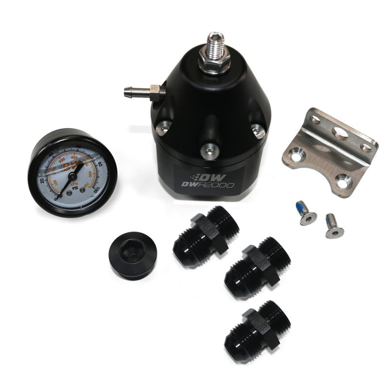 DeatschWerks 6-2000-FRB-108 - DWK6-2000-FRB-108 - DeatschWerks DWR2000 AFPR + Pressure Gauge + 10AN & 8AN Fittings - Anodized Black - Shipped in Europe - Tuningsupply.com