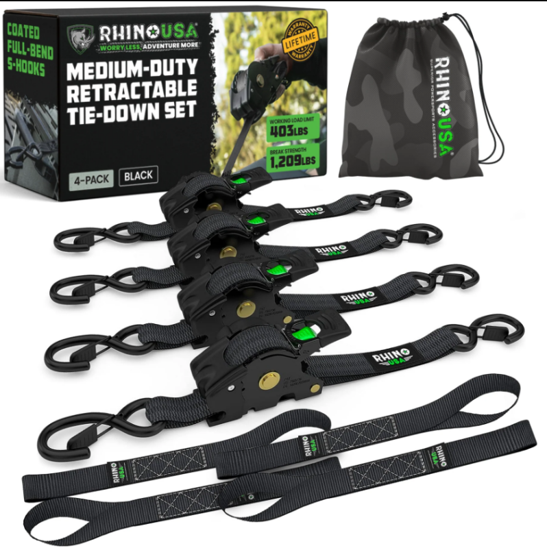 Rhino USA TD-RSRE1X10-2BLK - RSATD-RSRE1X10-2BLK - Rhino USA Retractable Ratchet Straps (2Pk 1Inx10Ft) Black - Shipped in Europe - Tuningsupply.com