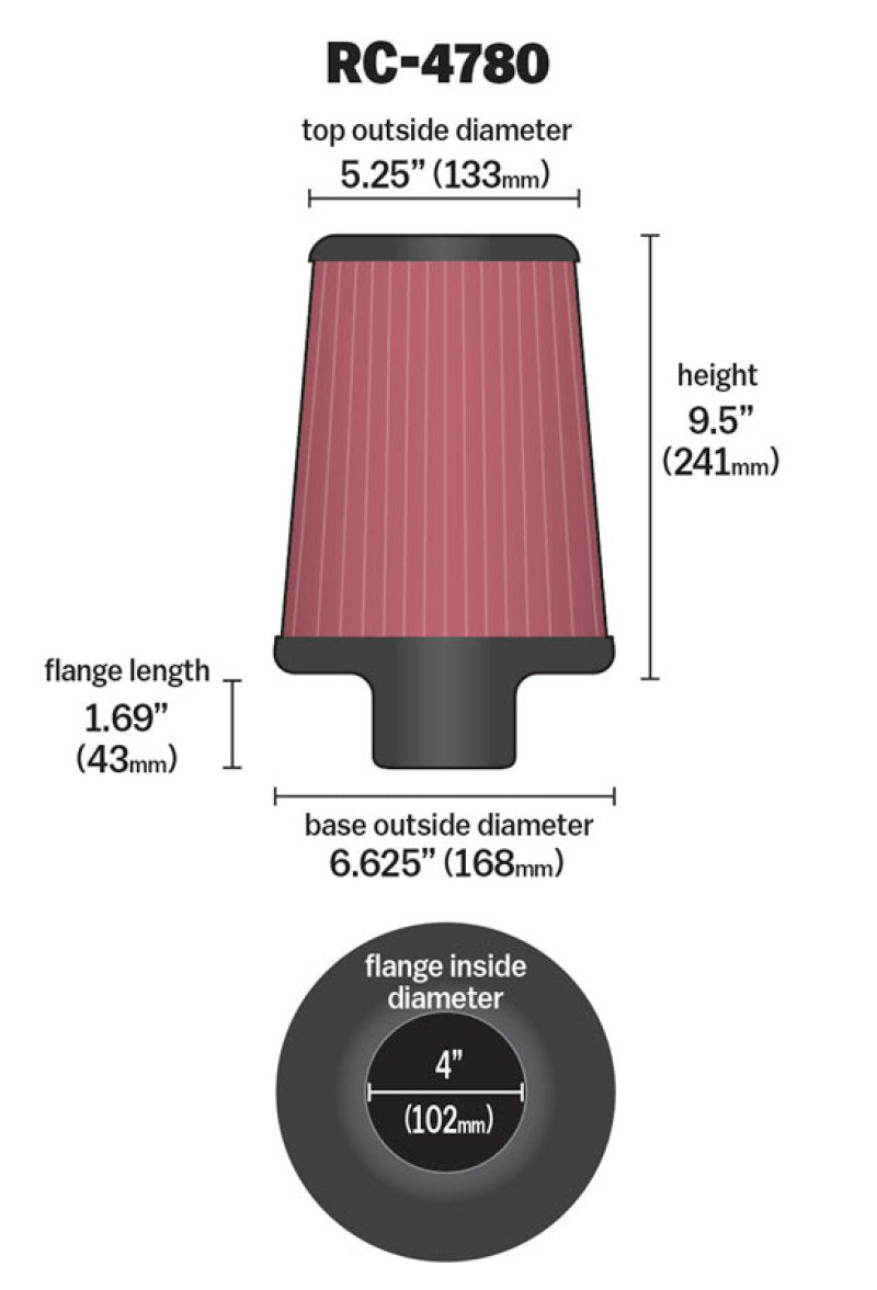 K&N Engineering RC-4780 - KNNRC-4780 - K&N Universal Filter Round Tapered 4in FlangeID / 6.625in Base OD / 5.25in Top OD / 9.5in Height - Shipped in Europe - Tuningsupply.com