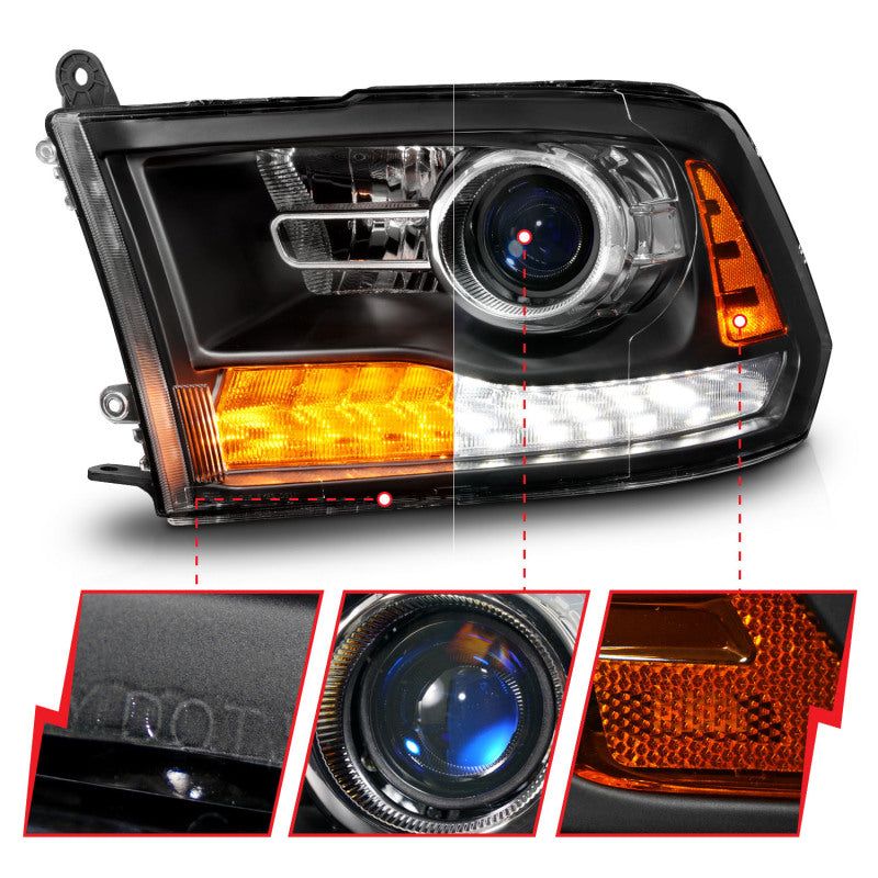 ANZO 111609 - ANZ111609 - ANZO 09-18 Dodge Ram 1500/2500/3500 LED Plank Style Headlights Switchback + Sequential - Matte Black - Shipped in Europe - Tuningsupply.com