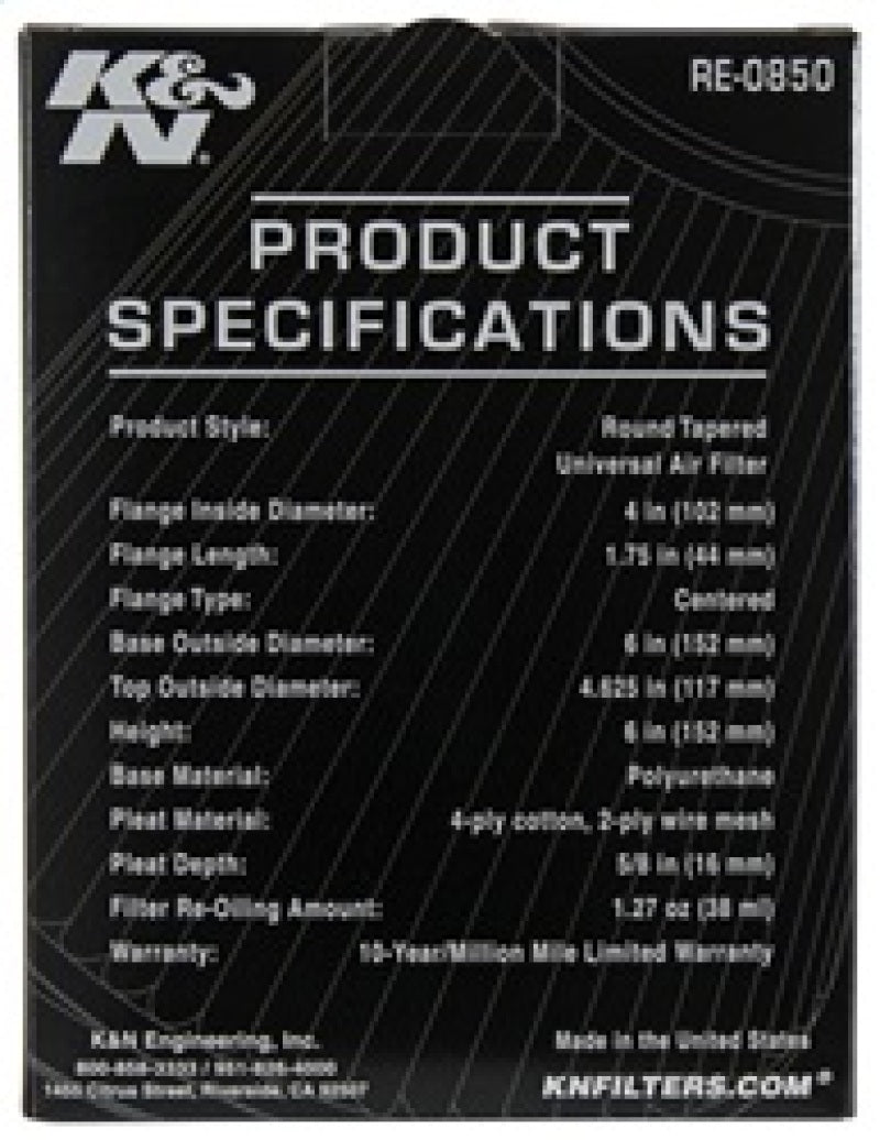 K&N Engineering RE-0850 - KNNRE-0850 - K&N Universal Air Filter (4in. Flange / 6in. Base OD / 4-5/8in. Top OD / 6in. Height) - Shipped in Europe - Tuningsupply.com