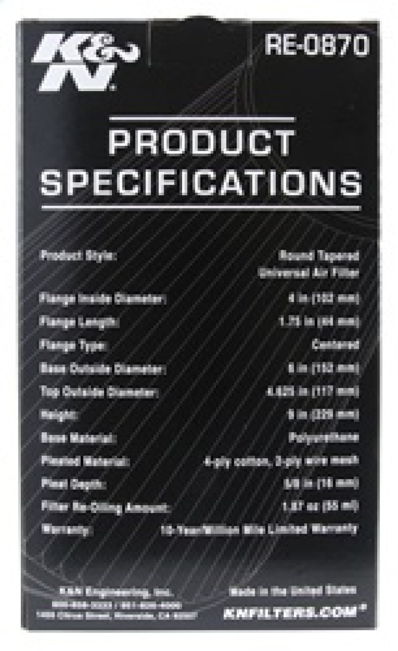 K&N Engineering RE-0870 - KNNRE-0870 - K&N Universal Rubber Filter 4inch FLG / 6inch OD-B / 4-5/8inch OD-T / 9inch H - Shipped in Europe - Tuningsupply.com