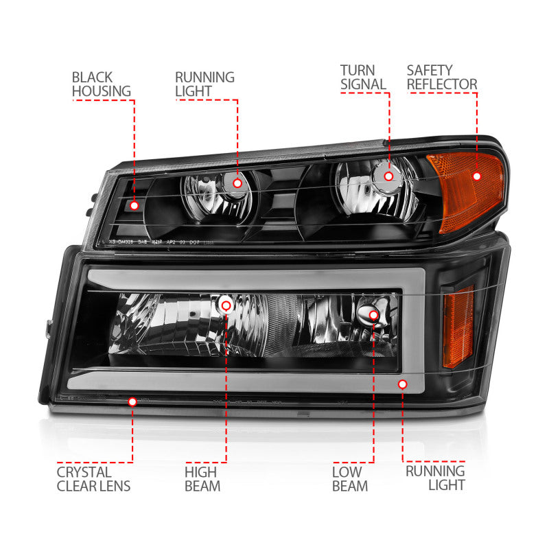 ANZO 111558 - ANZ111558 - ANZO 04-12 GM Colorado/Canyon/I-Series Crystal Headlights - w/ Light Bar Black Housing 4pcs - Shipped in Europe - Tuningsupply.com