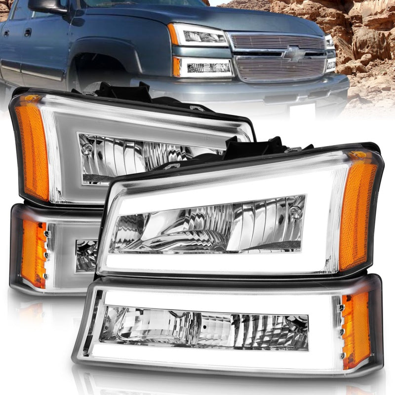 ANZO - ANZ111502 - ANZO 2003-2006 Chevrolet Silverado 1500 Crystal Headlights w/ Light Bar Chrome Housing - Shipped in Europe - Tuningsupply.com