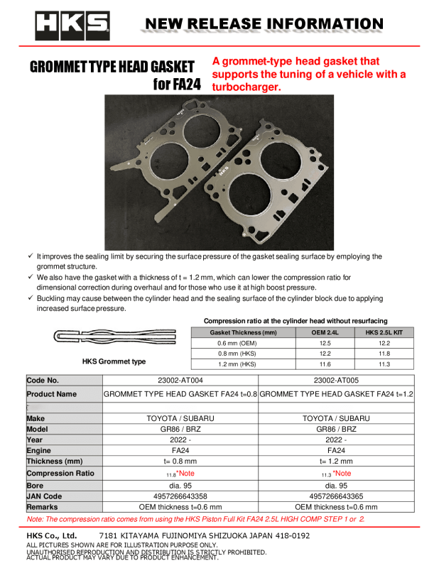 HKS 23002-AT005 - HKS23002-AT005 - HKS Subaru FA24 1.2mm Thickness 11.3 CR Grommet Type Head Gasket - Shipped in Europe - Tuningsupply.com