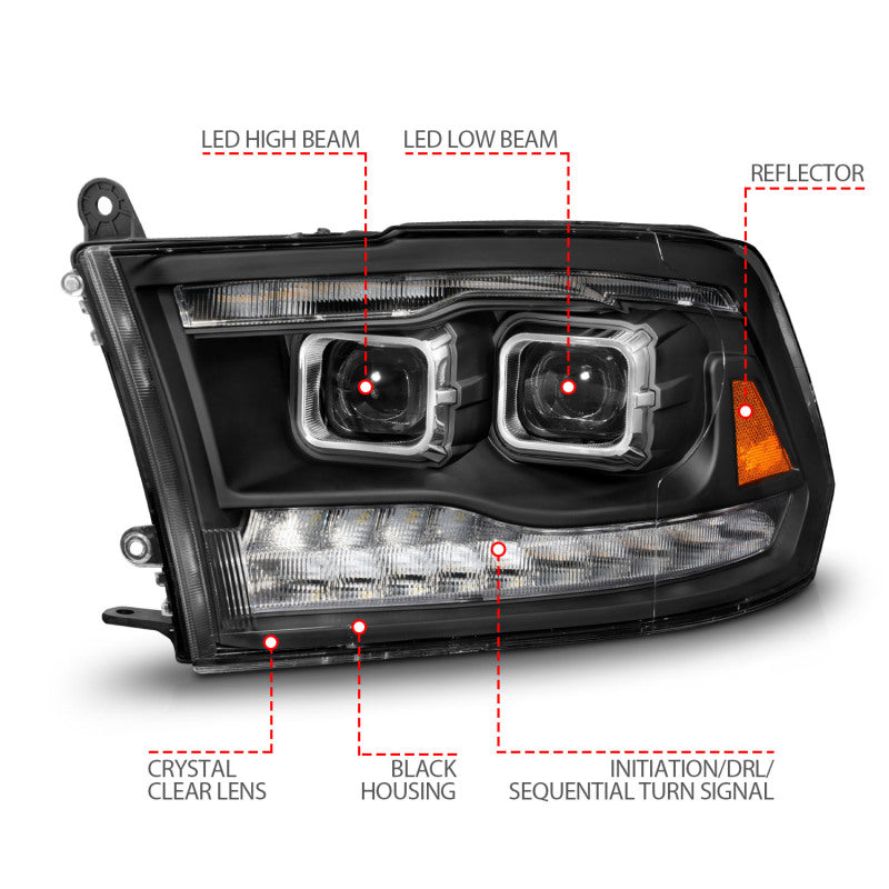 ANZO 111595 - ANZ111595 - ANZO 09-18 Dodge Ram 1500/2500/3500 Full LED Proj Headlights w/Switchback Light Bar - Black - Shipped in Europe - Tuningsupply.com