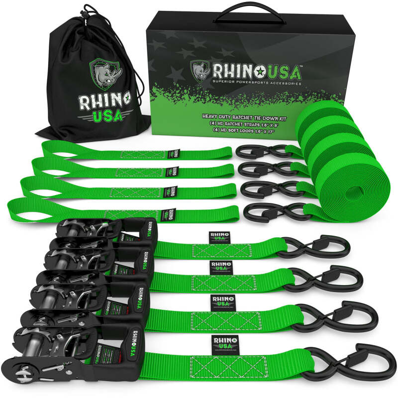 Rhino USA HDKIT-4PK-GRN - RSAHDKIT-4PK-GRN - Rhino USA Heavy Duty Ratchet Tie-Down 4-Pack (Green) 1.6In X 8Ft - Shipped in Europe - Tuningsupply.com