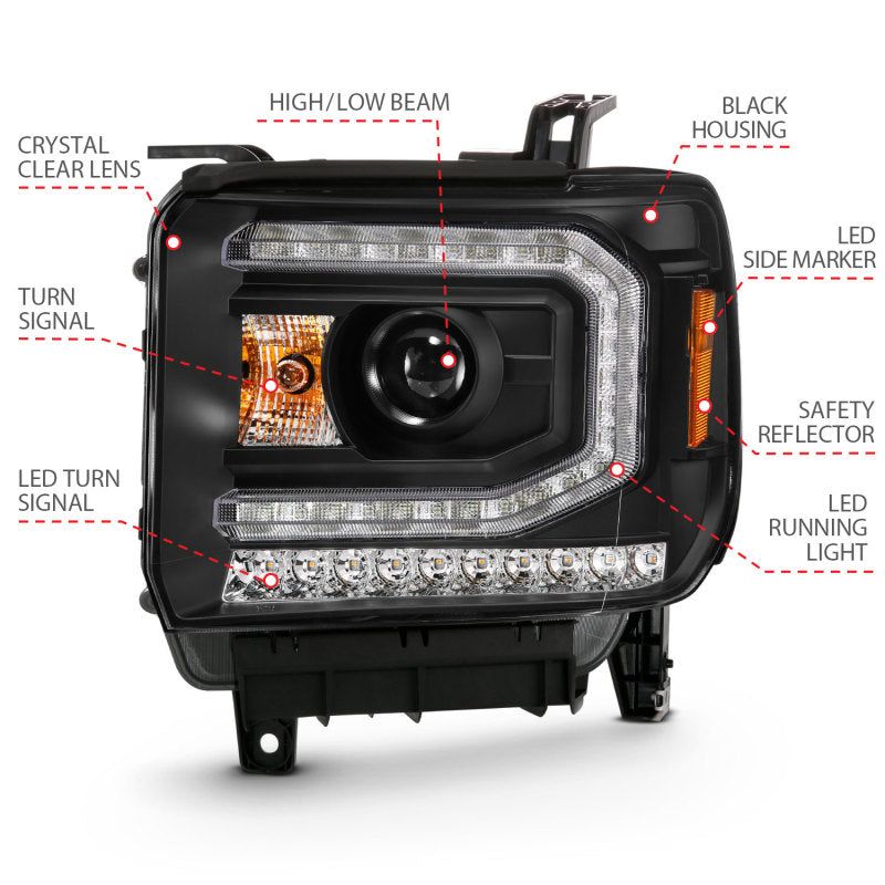 ANZO 111485 - ANZ111485 - ANZO 2016-2019 GMC Sierra 1500 Projector Headlight Plank Style Black w/ Sequential Amber Signal - Shipped in Europe - Tuningsupply.com