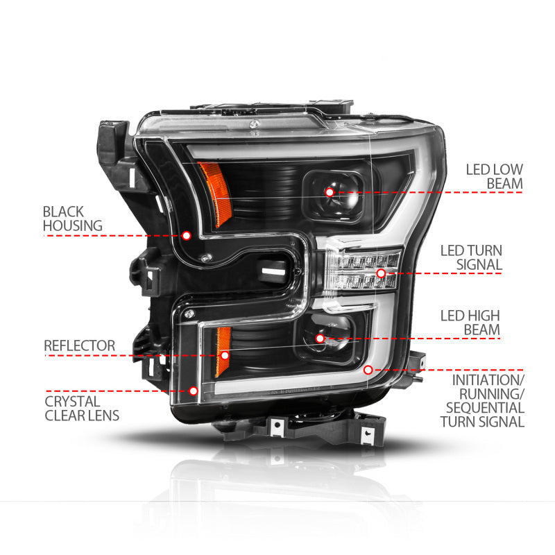 ANZO 111630A - ANZ111630A - ANZO 15-17 Ford F-150 (Factory Halogen Model ONLY) Full LED Proj Headlights Init/SeqSig Black- Pair - Shipped in Europe - Tuningsupply.com