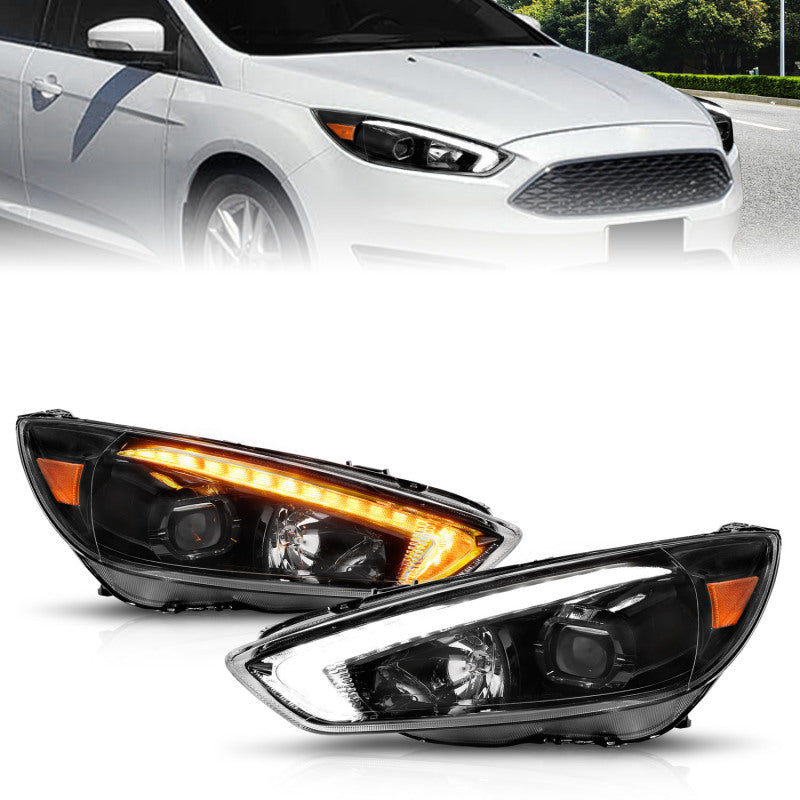 ANZO 121564 - ANZ121564 - ANZO 15-18 Ford Focus Projector Headlights - w/ Light Bar Switchback Black Housing - Shipped in Europe - Tuningsupply.com