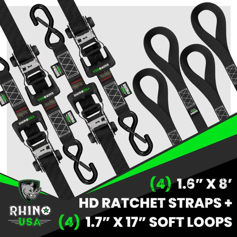 Rhino USA HD-RATCHETKIT-4PK - RSAHD-RATCHETKIT-4PK - Rhino USA Heavy Duty Ratchet Tie-Down 4-Pack (Black) 1.6In X 8Ft - Shipped in Europe - Tuningsupply.com