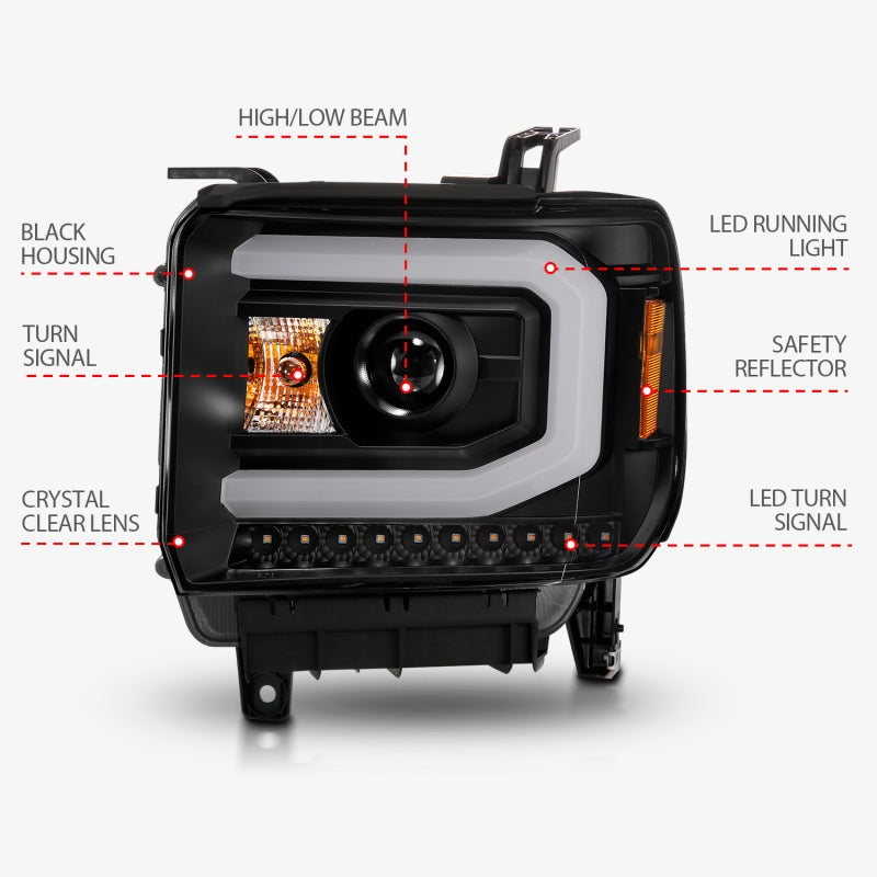 ANZO 111513 - ANZ111513 - ANZO 2014-2015 GMC Sierra 1500 Projector Headlights w/ Light Bar Black Housing (Halogen Type) - Shipped in Europe - Tuningsupply.com