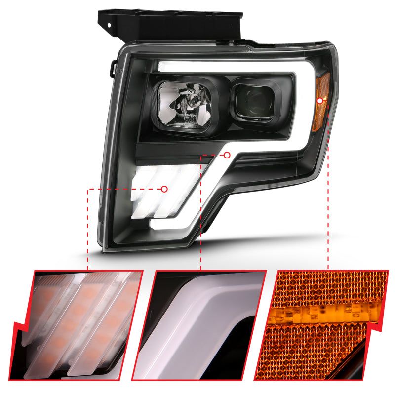 ANZO 111469 - ANZ111469 - ANZO 2009-2013 Ford F-150 Projector Light Bar G4 Switchback Headlights Black Amber - Shipped in Europe - Tuningsupply.com