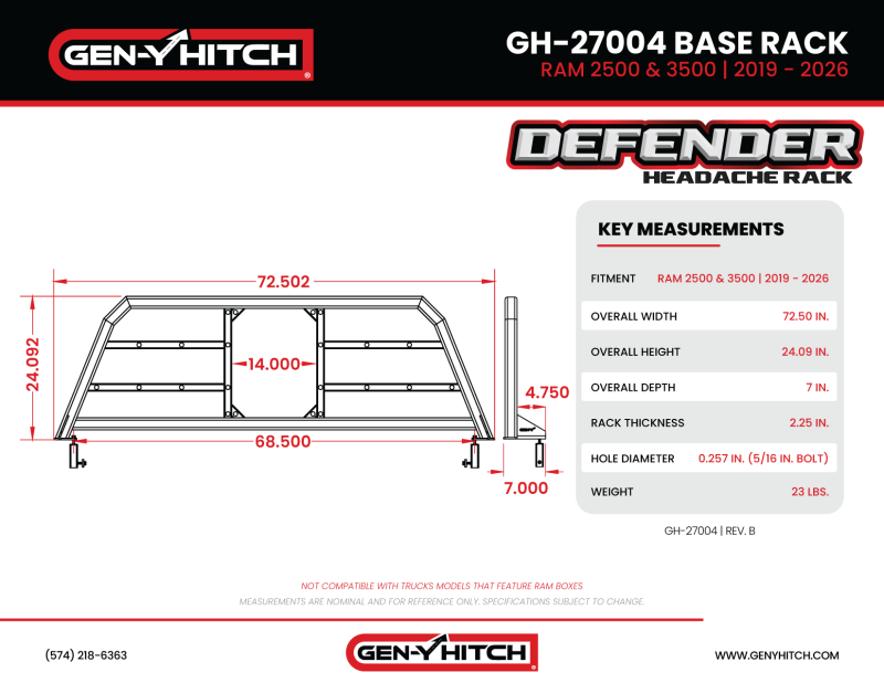 GEN-Y Hitch GH-27004 - GENGH-27004 - Gen-Y 19+ Dodge Ram 2500/3500 Defender Headache Rack Only - Black - Shipped in Europe - Tuningsupply.com