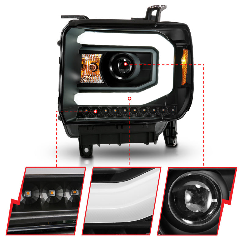 ANZO 111513 - ANZ111513 - ANZO 2014-2015 GMC Sierra 1500 Projector Headlights w/ Light Bar Black Housing (Halogen Type) - Shipped in Europe - Tuningsupply.com