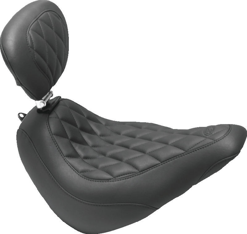 Mustang Motorcycle 83046 - MMP83046 - Mustang 18-21 Harley Softail Slim Wide Tripper Solo Seat w/Driver Backrest Diamond Stitch - Black - Shipped in Europe - Tuningsupply.com