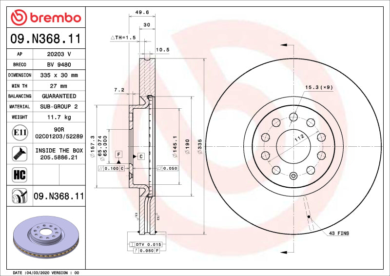 Brembo OE - BRE09.N368.11 - Brembo 21-22 Lexus ES250/19-22 Lexus ES300h/19-22 Lexus ES350/19-22 UX200 Front UV Coated Rotor - Shipped in Europe - Tuningsupply.com