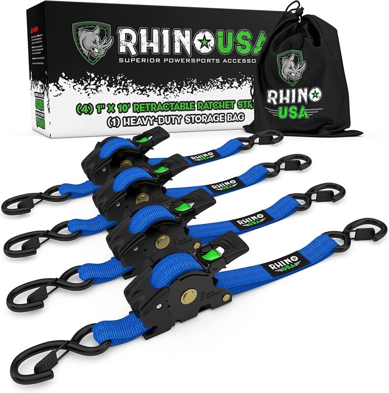 Rhino USA TD-RSRE1X10-BLU - RSATD-RSRE1X10-BLU - Rhino USA Retractable Ratchet Straps (4Pk 1Inx10Ft) (Blue) - Shipped in Europe - Tuningsupply.com