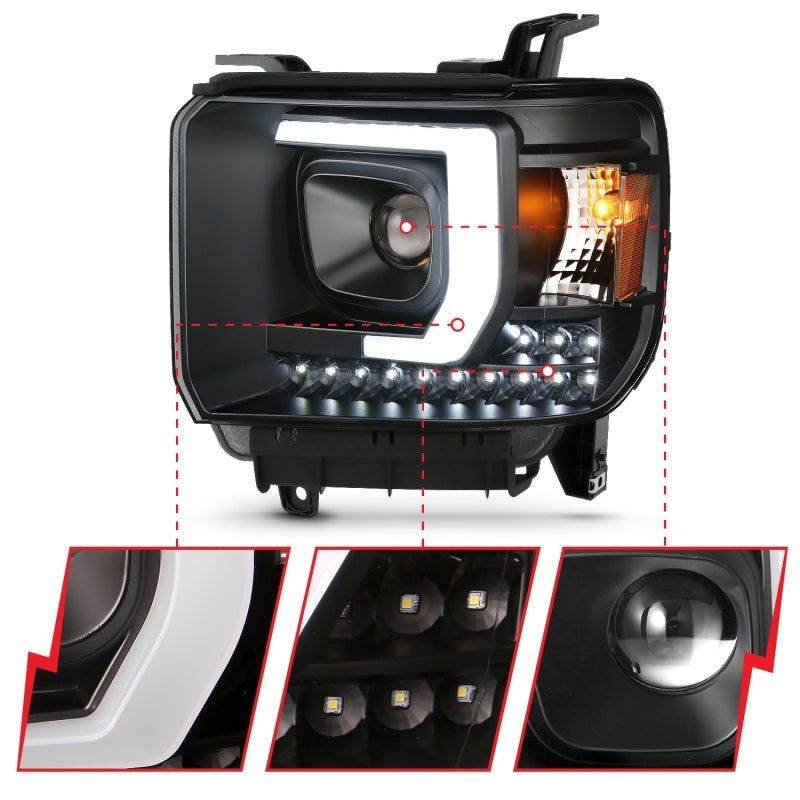 ANZO 111450 - ANZ111450 - ANZO 2014-2015 GMC Sierra 1500HD Projector Plank Style Headlight Black W/ DRL - Shipped in Europe - Tuningsupply.com