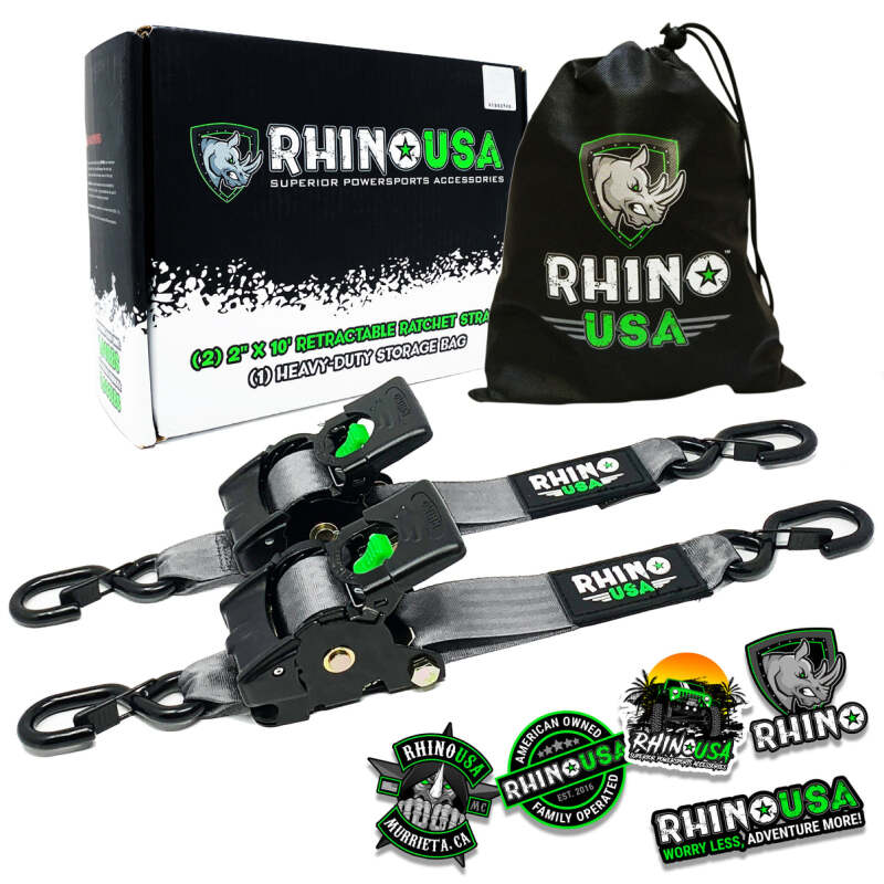 Rhino USA TD-RSRE2X10-GRY - RSATD-RSRE2X10-GRY - Rhino USA Retractable Ratchet Straps (2Pk 2Inx10Ft) Gray - Shipped in Europe - Tuningsupply.com