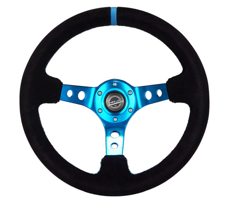 NRG RST-006S-BL - NRGRST-006S-BL - NRG Reinforced Steering Wheel (350mm) 3in Deep Blue Spoke W/ Holes - Black Suede Blue Stripe/Stitch - Shipped in Europe - Tuningsupply.com